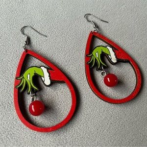 Grinch Wood Earrings ~ Hand with Ornament ~ Brand New!